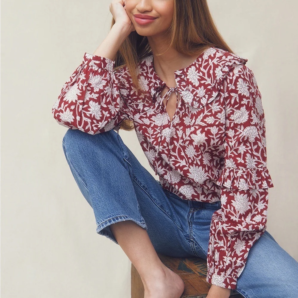Ophelia & Indigo Women's Betsy Blouse Red Long Sleeve Floral Size Large NWT